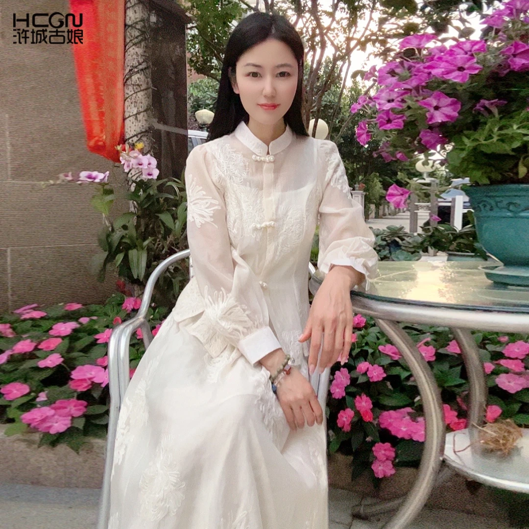 浒城古娘中式国风优雅白色气质立领长袖夏季女士仙气套装WB250475