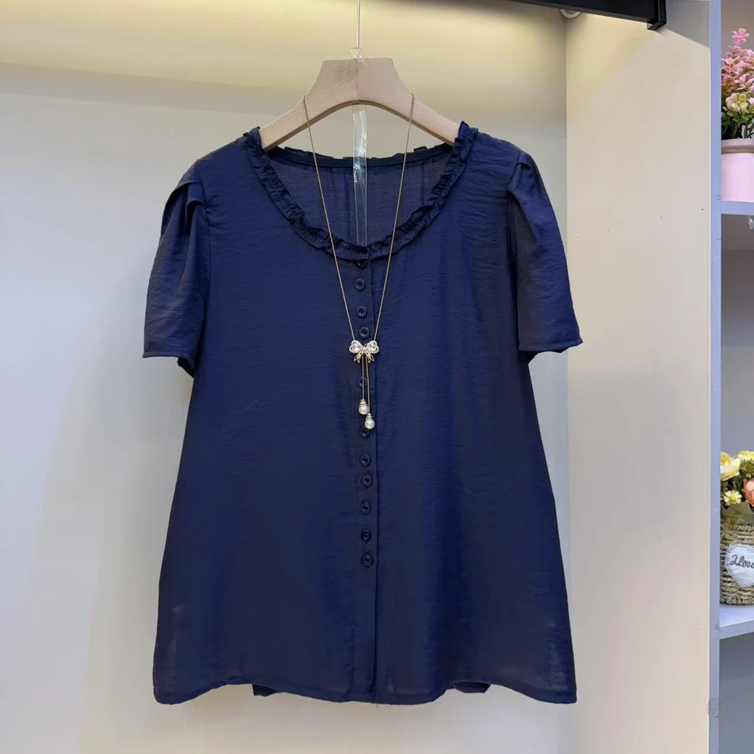 2025大码女装设计感圆领极简风夏季宽松显瘦别致衬衫