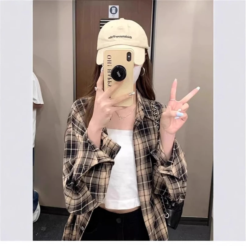 2024年新款法式格子衬衫外套夏季女装防晒慵懒风衬衣薄款长袖上衣