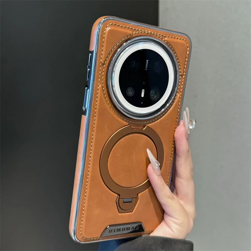 适用华为mate70pro手机壳高端真皮360旋转支架磁吸充电防摔保护套