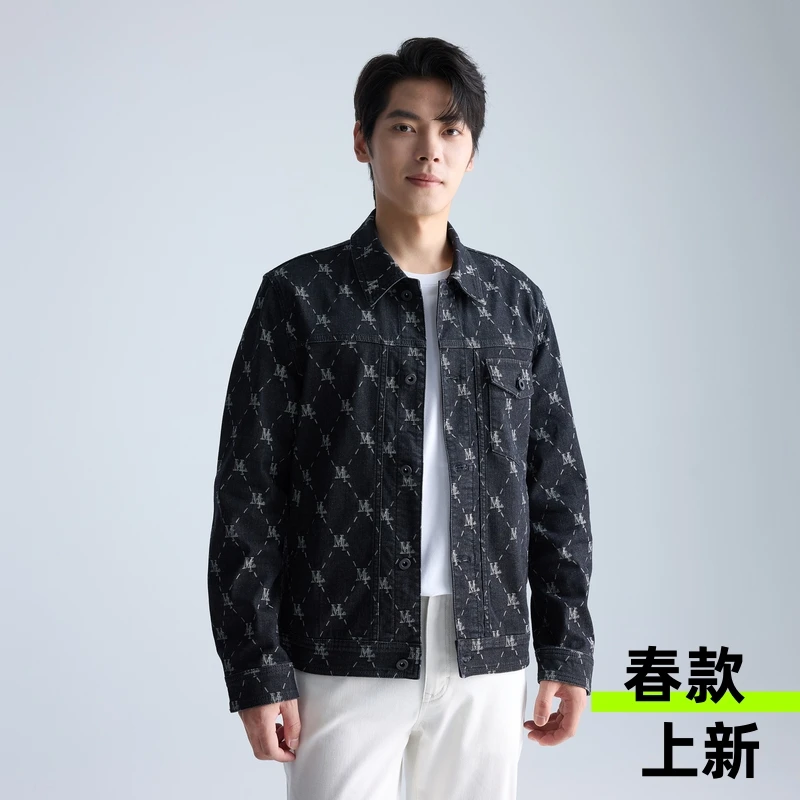 【提花满印夹克】利郎春季男士简约翻领提花休闲印花时尚牛仔夹克