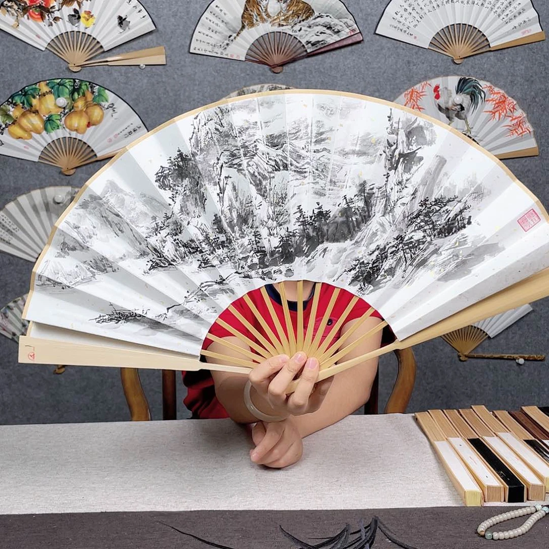 国画10寸玉竹-纯手绘-文玩扇骨（默认粘好）