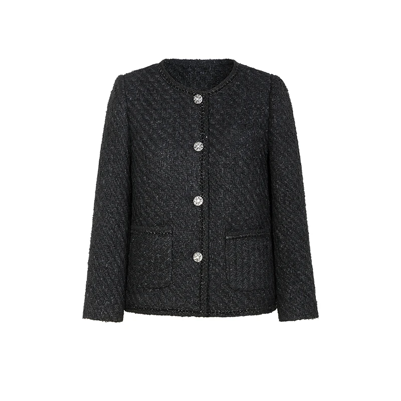 25334 女装秋圆领百搭名媛小香风外套修身显瘦长袖法式粗花呢