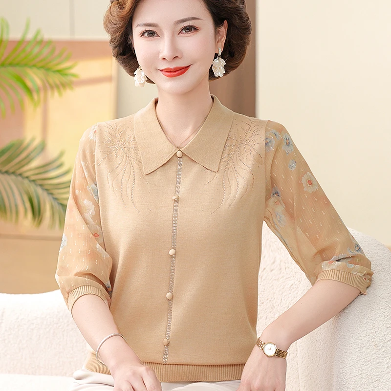 妈妈装新款洋气薄款针织上衣中老年女2025春夏季新款纱袖T恤小衫