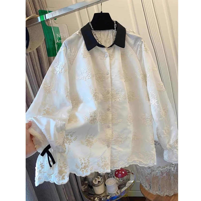 高级感蕾丝钩花长袖衬衫上衣女春秋新款翻领小衫潮流洋气百搭小众