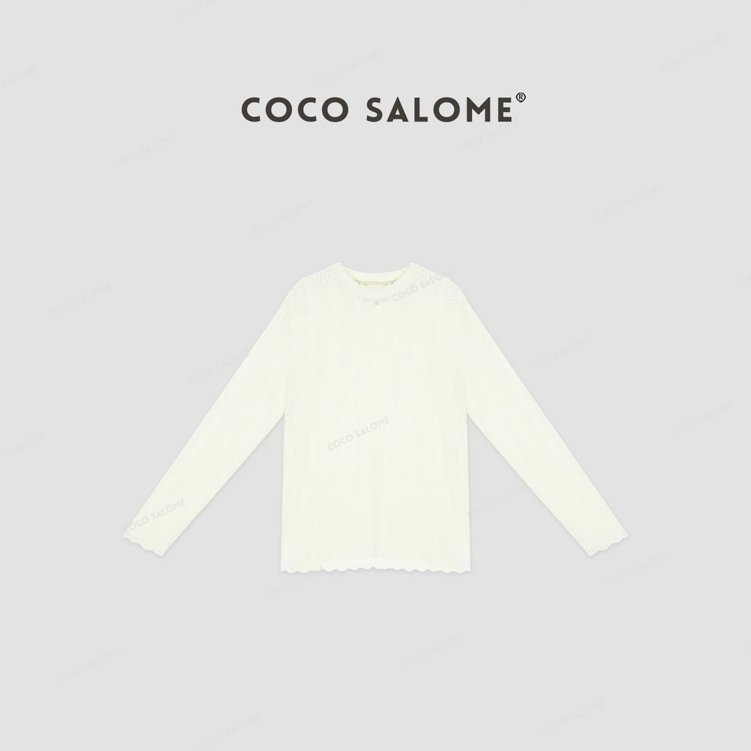 韩彬彬"安妮日记"夏季轻薄蕾丝镂空针织罩衫圆领长袖上衣530Y-10