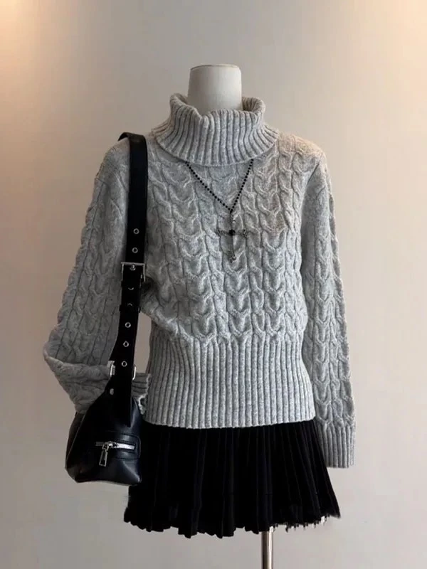 灰色高领毛衣秋冬新款韩系设计感宽松针织上衣