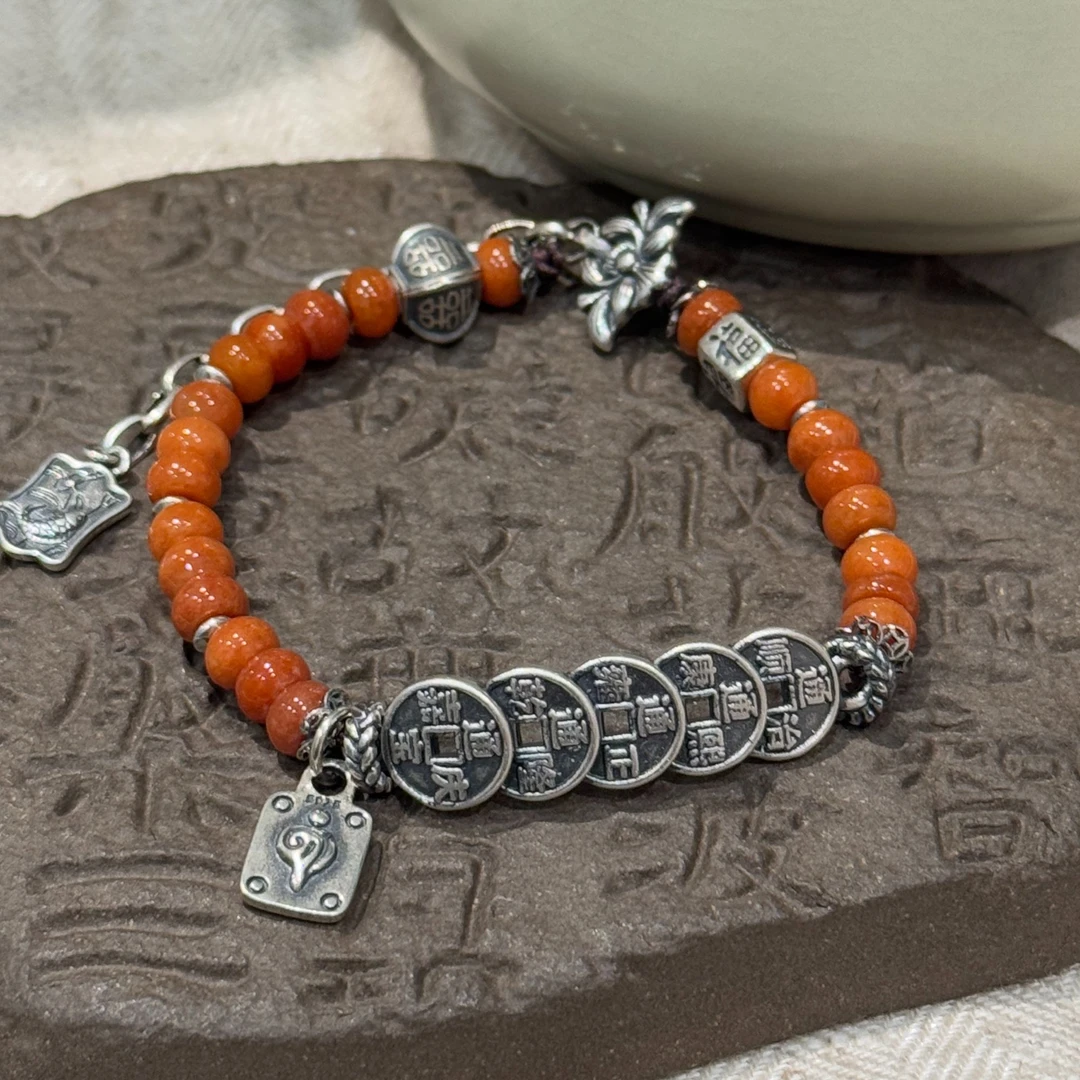 <一禅兄>S925银红翡翠算盘珠五帝钱币手牌扎基双喜灯笼珠手链