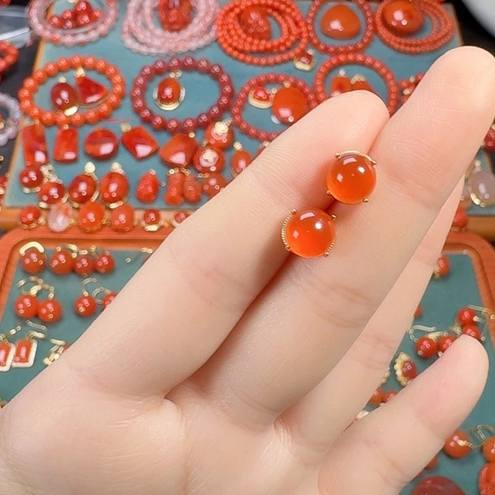 南红玛瑙银S925镶嵌耳饰