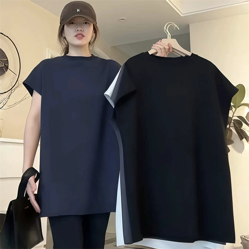 欧洲站2025夏季新款时尚圆领短袖T恤女简约显瘦百搭小飞袖体恤潮