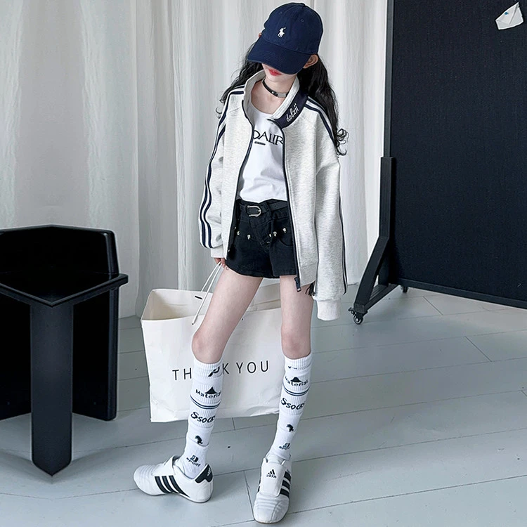 女童2025春秋卫衣外套新款立领拉链撞色条纹时尚休闲运动中大童潮
