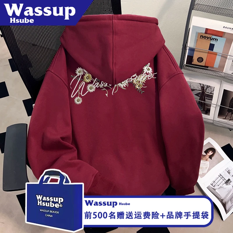 WASSUP HSUBE秋冬男女拉链卫衣加绒连帽开衫潮牌花朵字母刺绣外套
