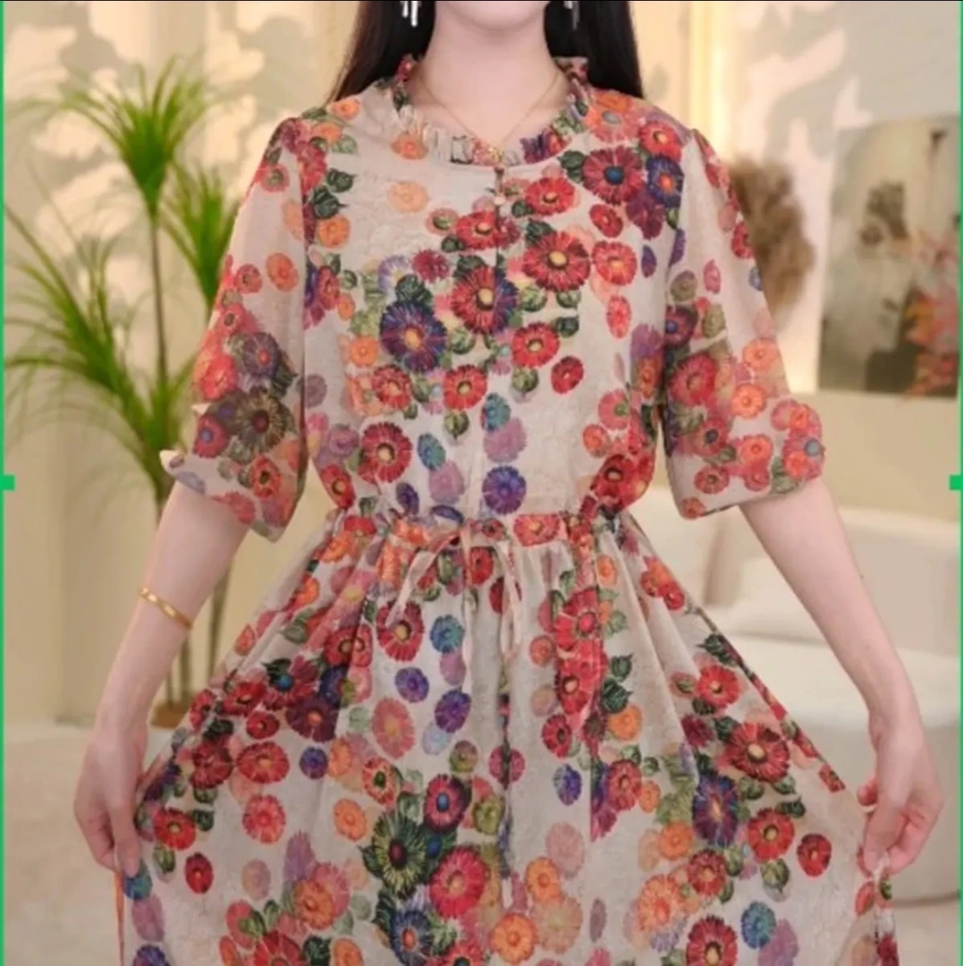 10663-夏季新款时尚女士中袖子印花圆领中老年妈妈装连衣裙