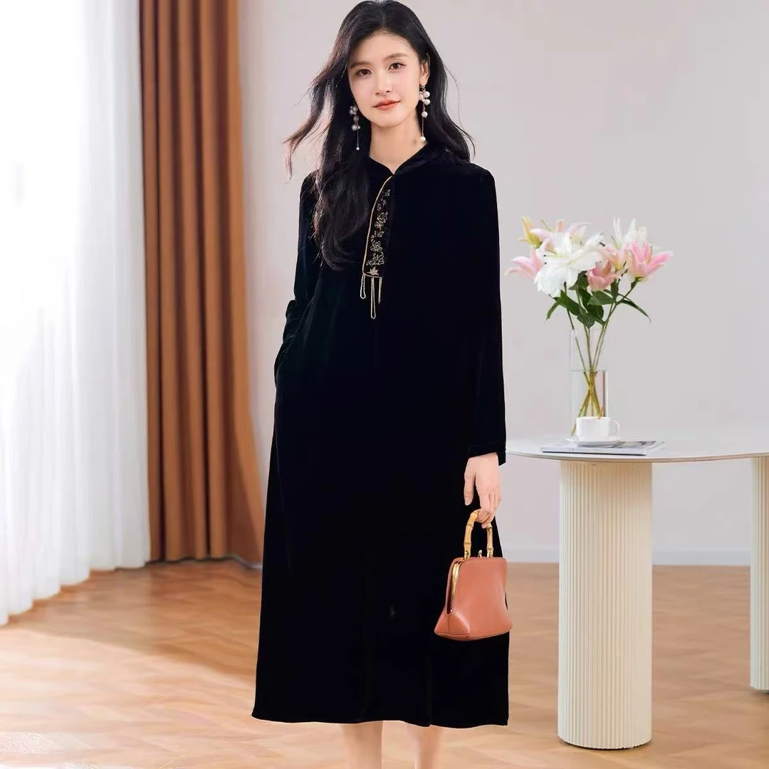 桑蚕丝丝绒秋冬长袖连衣裙复古风中长款裙女 裙长113cm 825191