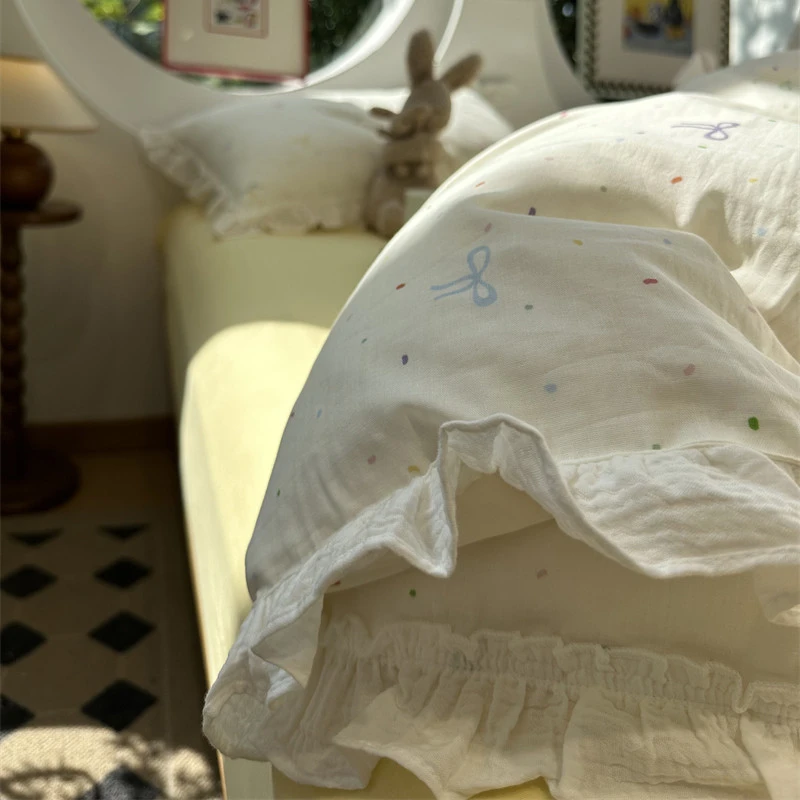 水星家纺适用A类母婴级超柔软少女心双层纱波点蝴蝶结纯棉四件套1