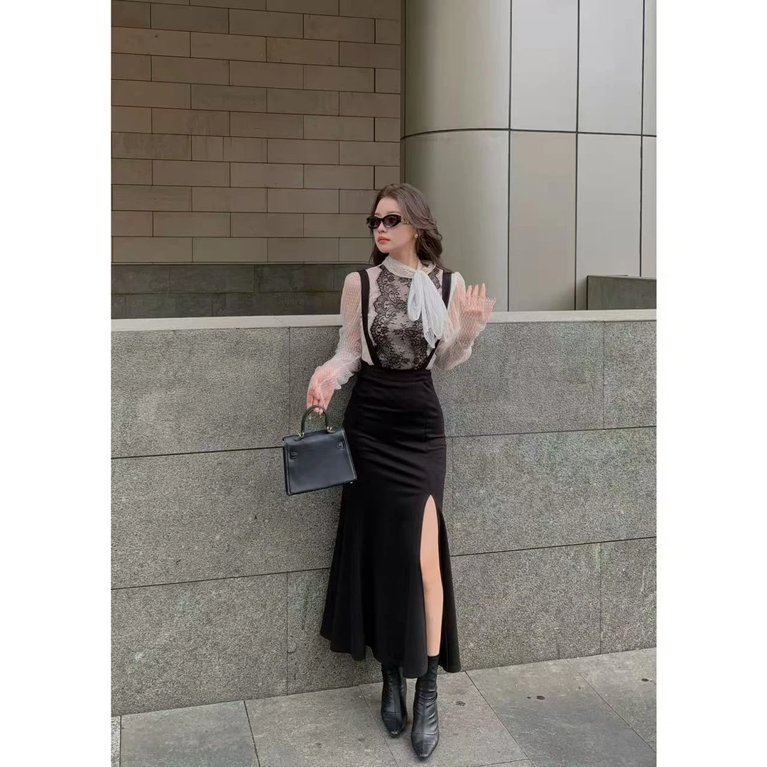 SZA【暗夜密语】春季撞色蝴蝶结绑带衬衫高腰半身裙套装A-1477