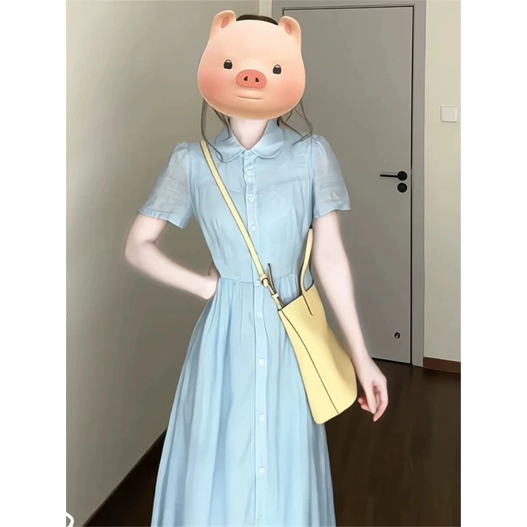 连衣裙春款2025新款爆款法式娃娃领欧若风蓝色连衣裙减龄文艺长裙