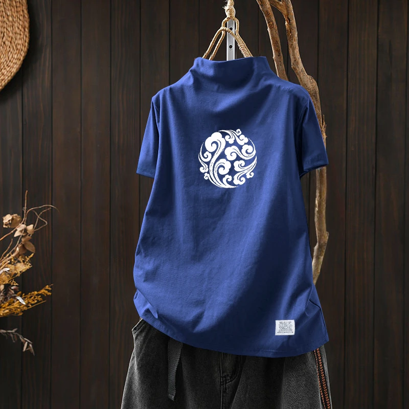 女装夏季纯棉短袖上衣T恤简约半高领文艺印花新款打底衫大码减龄