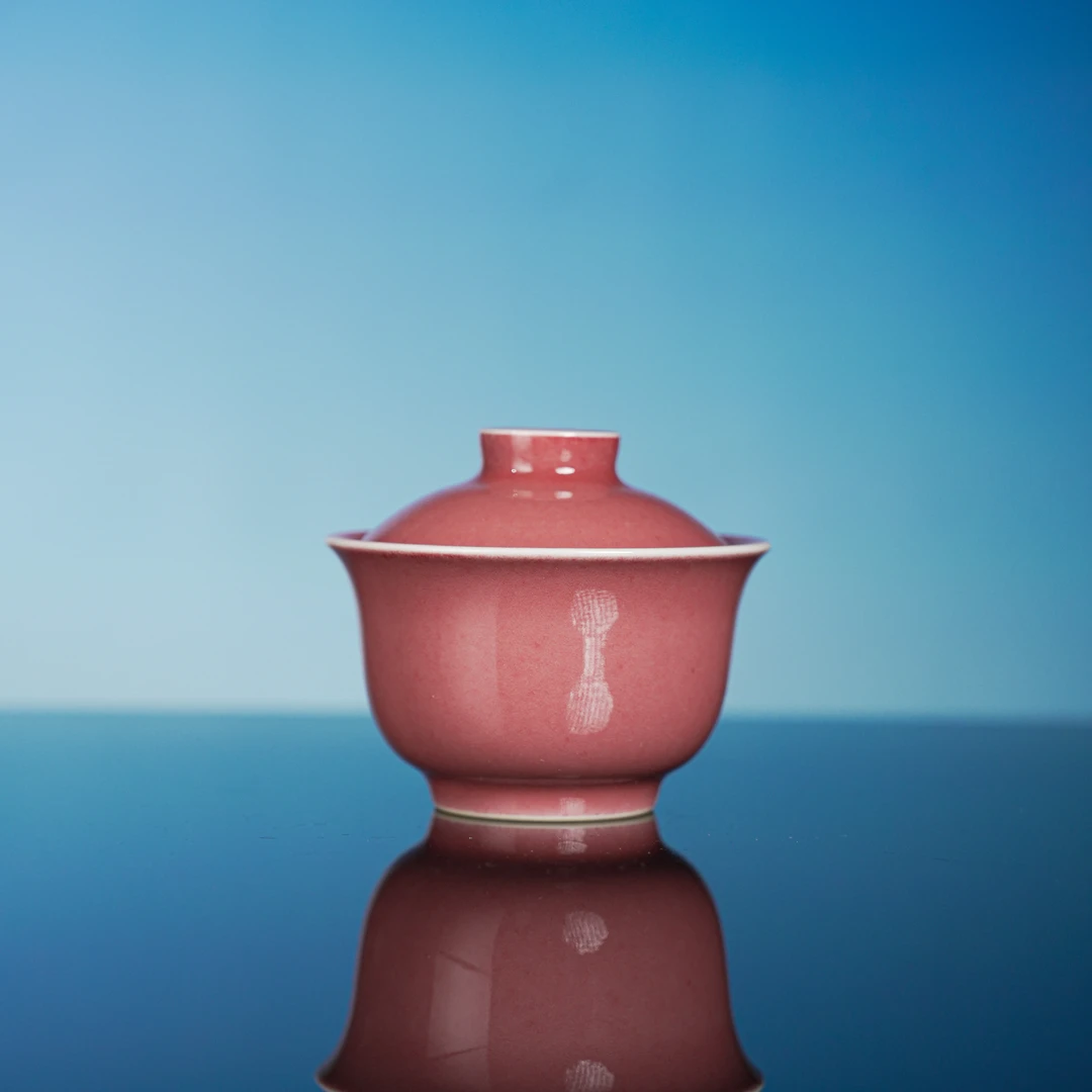 茶也清心 豇豆红 元宝盖碗（大） 手工 陶瓷 色釉 纯色 防烫