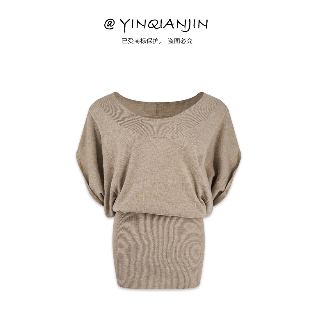 *尹千金*【质感欧尼】随意不费力美女感蝙蝠袖咖色针织上衣S256081