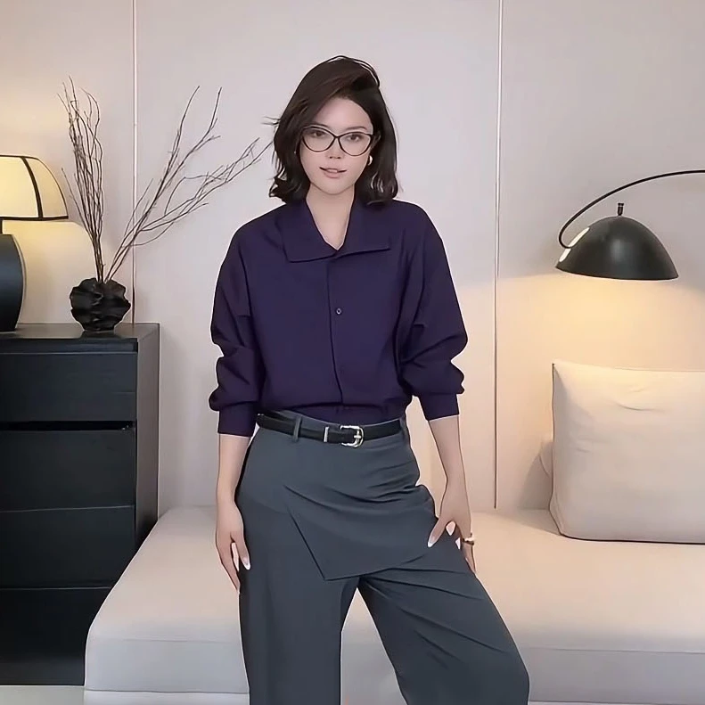 月光气质衬衫女外穿春季设计感长袖休闲翻领衬衣显瘦HBZC641191