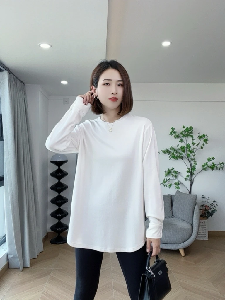 【希辰】韩版简约休闲衬衣袖细腻垂顺纯色长袖上衣 74532-1