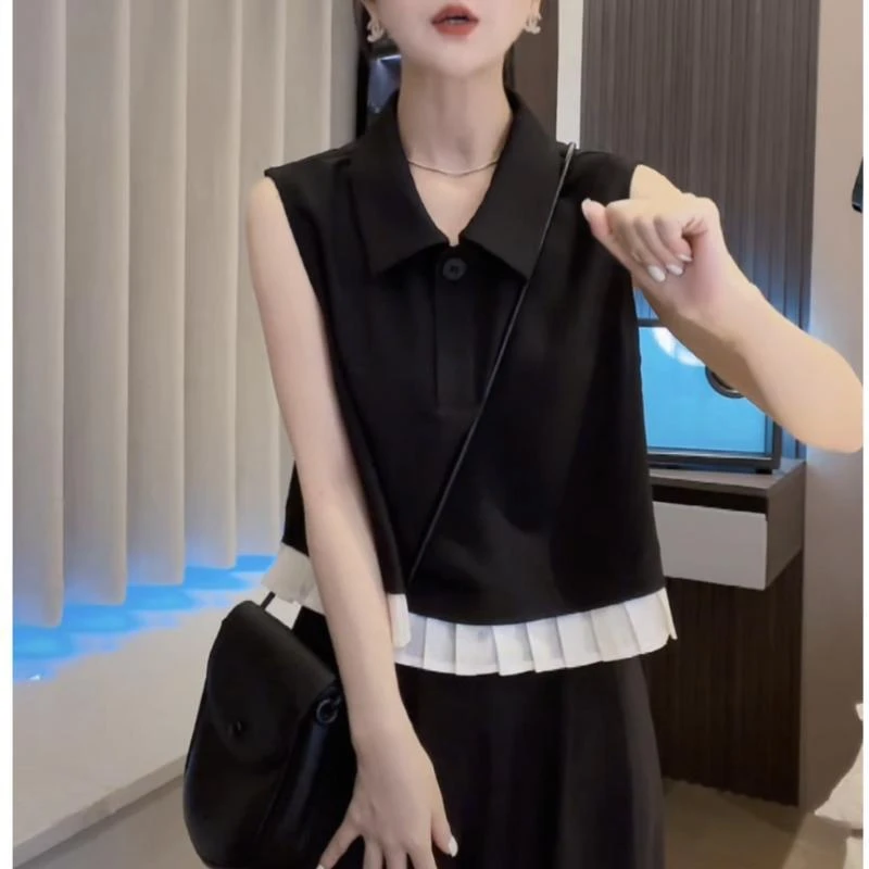 设计感花边拼接领无袖西装马甲衬衫女夏新款小众高级薄款上衣