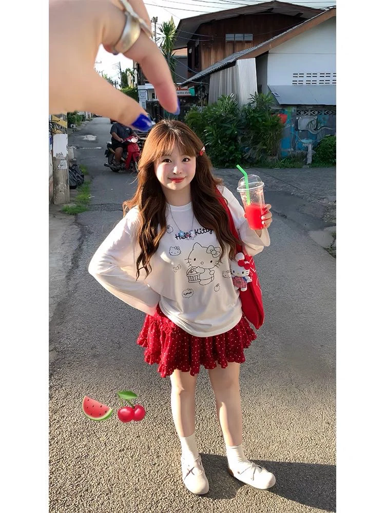 甜甜家 微胖大码 夏季kitty防晒➕红色短裙两件套
