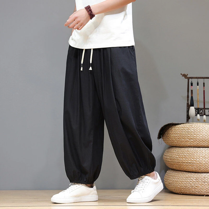 灯笼裤男士夏季薄款棉麻裤子中国风宽松大码胖子阔腿裤九分休闲裤