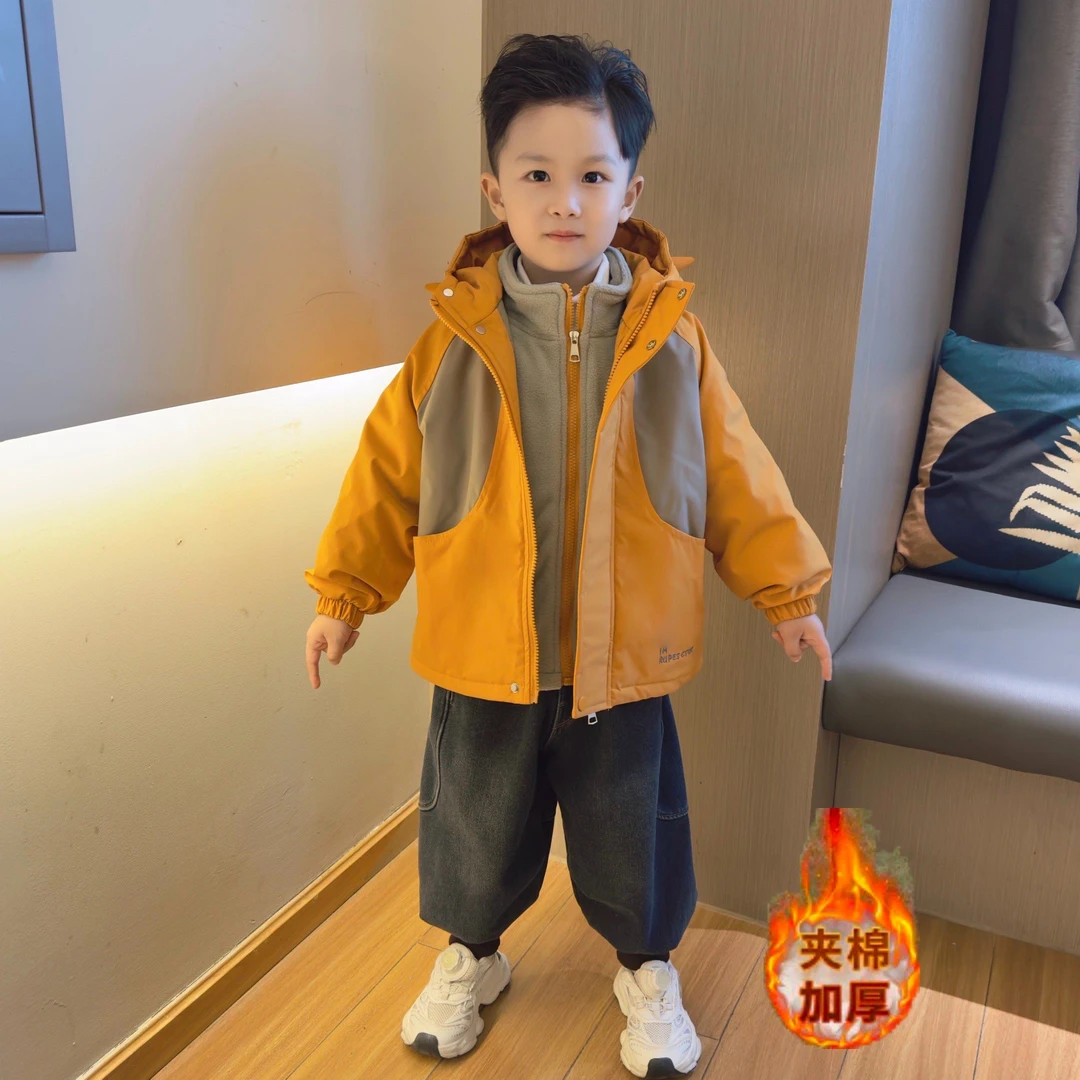 男童加绒外套秋冬款2025新款儿童冲锋衣宝宝冬季加厚保暖两件套潮