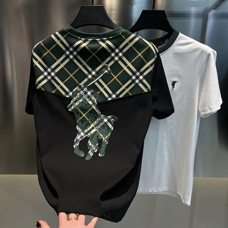 2025年春夏男士新款夏季半袖刺绣休闲个性拼接男装圆领短袖T恤