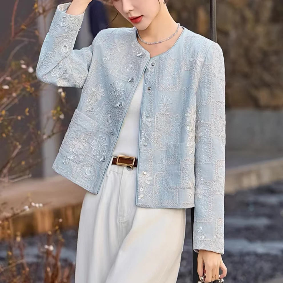 新中式国风盘扣外套女短款2025春秋季新款高端气质提花小香风上衣