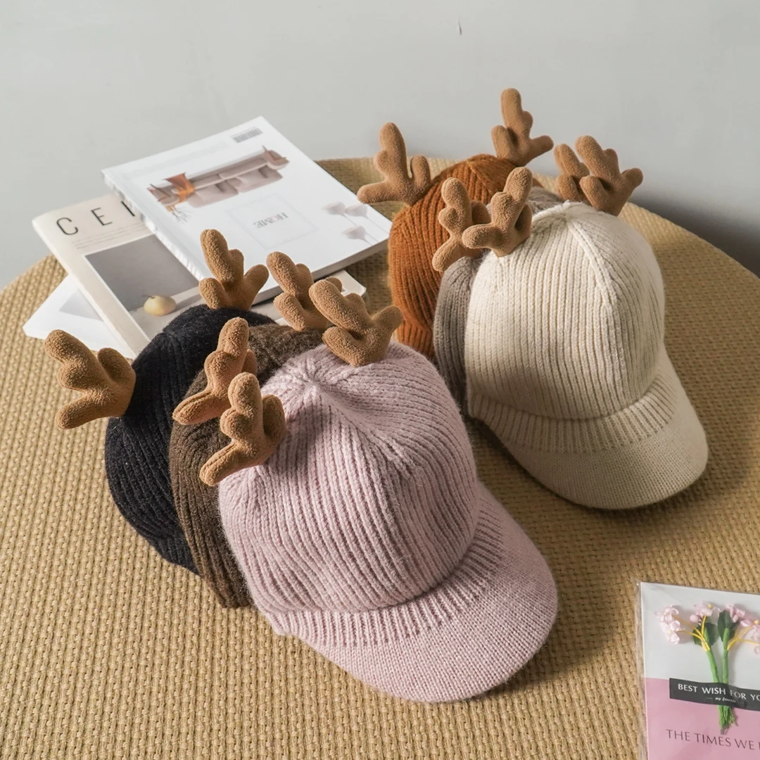 帽子可爱鹿角针织秋冬季加绒保暖棒球帽鸭舌帽A21CB006