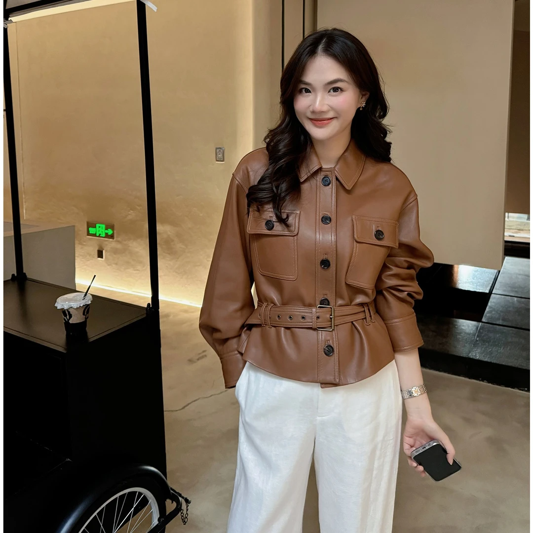 【琳媚】“皮衣外套”新款高级时尚“1OO%绵羊皮”翻领皮夹克外套女