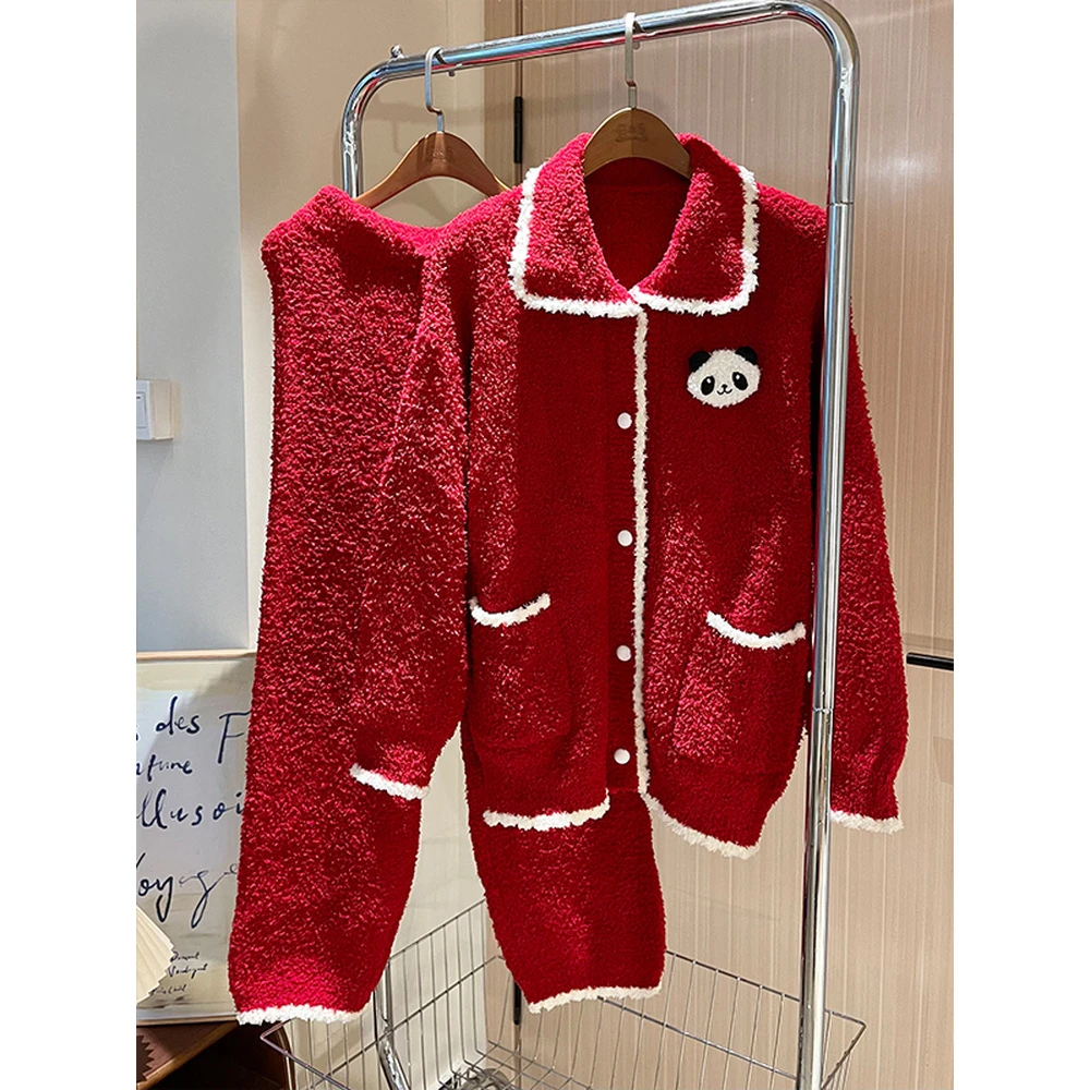 圣诞红色毛衣半边绒睡衣女秋冬针织开衫外套保暖家居服套装可外穿