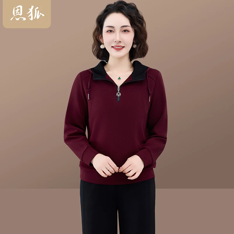 恩狐中老年女秋季休闲套头上衣妈妈装春秋款卫衣