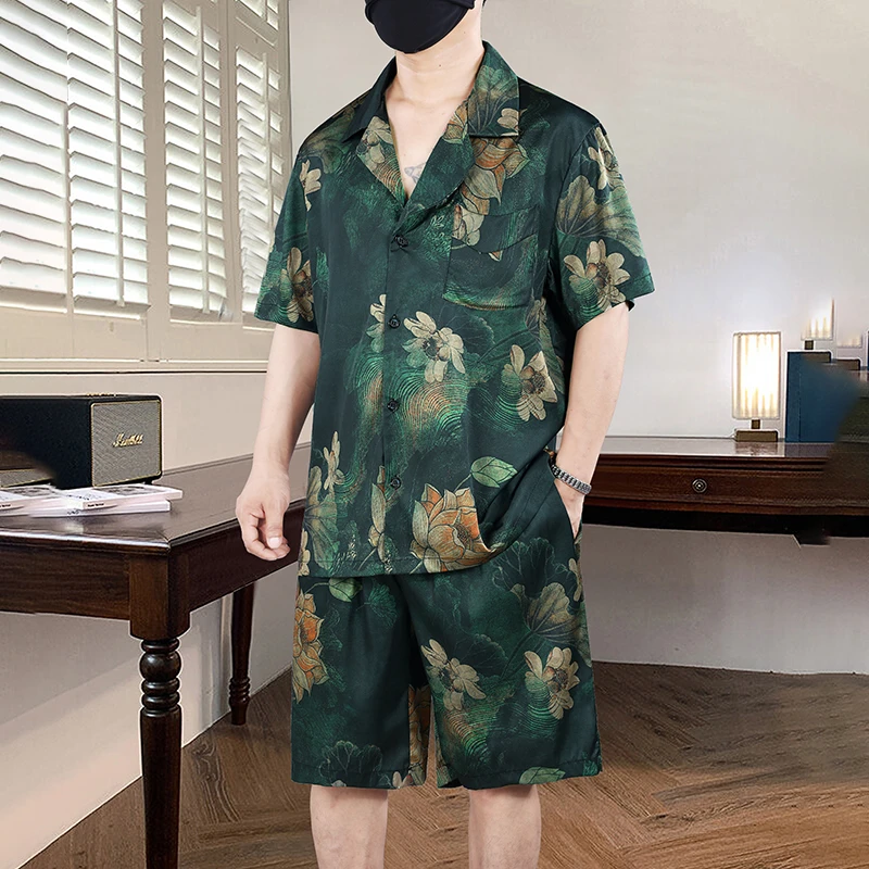 夏季睡衣男士加肥加大薄款潮流印花家居服胖子大码睡衣国风套装潮