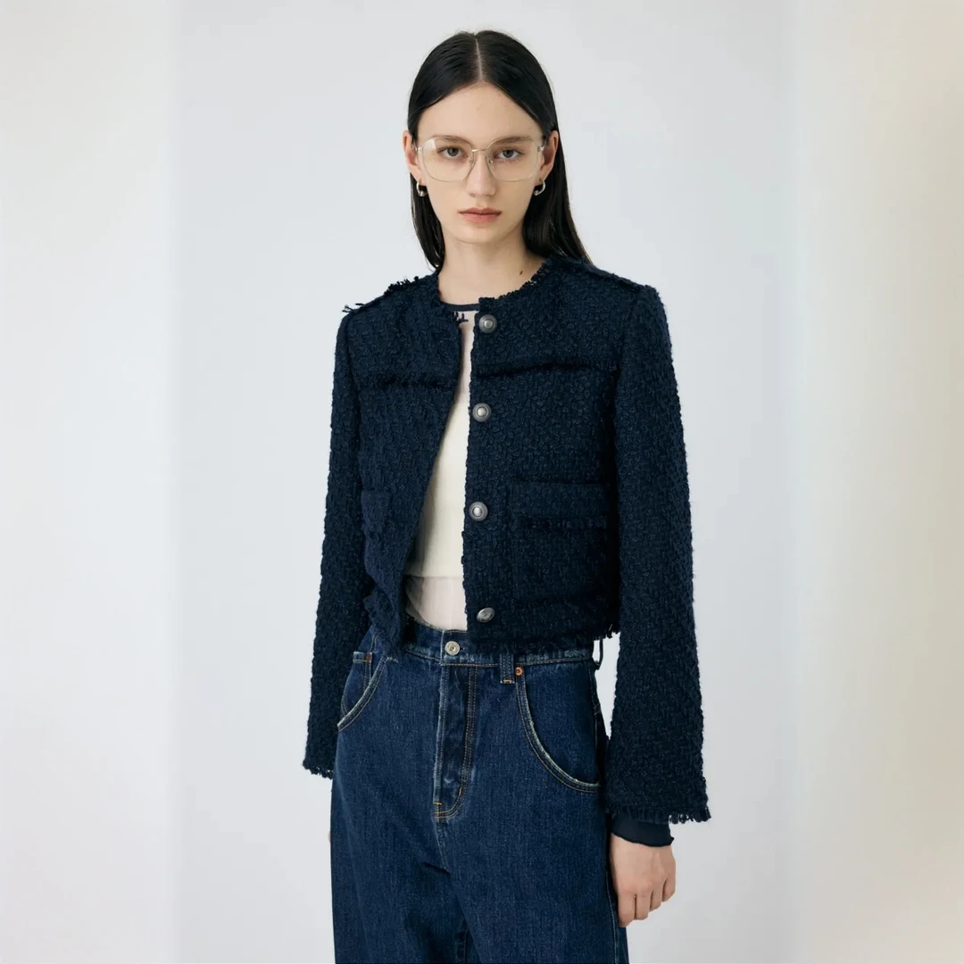 日单 新 短款垫肩 粗花呢 外套 小香风15I