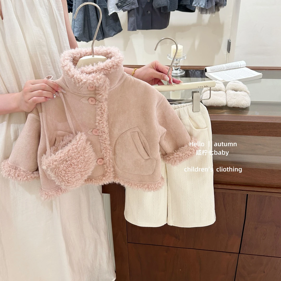 【咸柠七】女宝宝冬装韩版皮毛一体外套女童新款洋气时髦加绒衣服潮