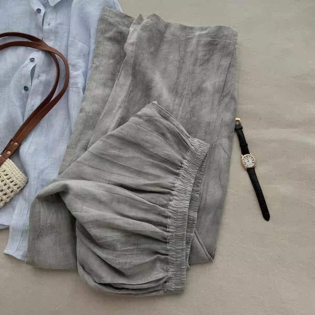 2025夏亚麻混纺手工扎染宽松休闲显瘦显腿长松紧腰直筒阔腿裤长裤