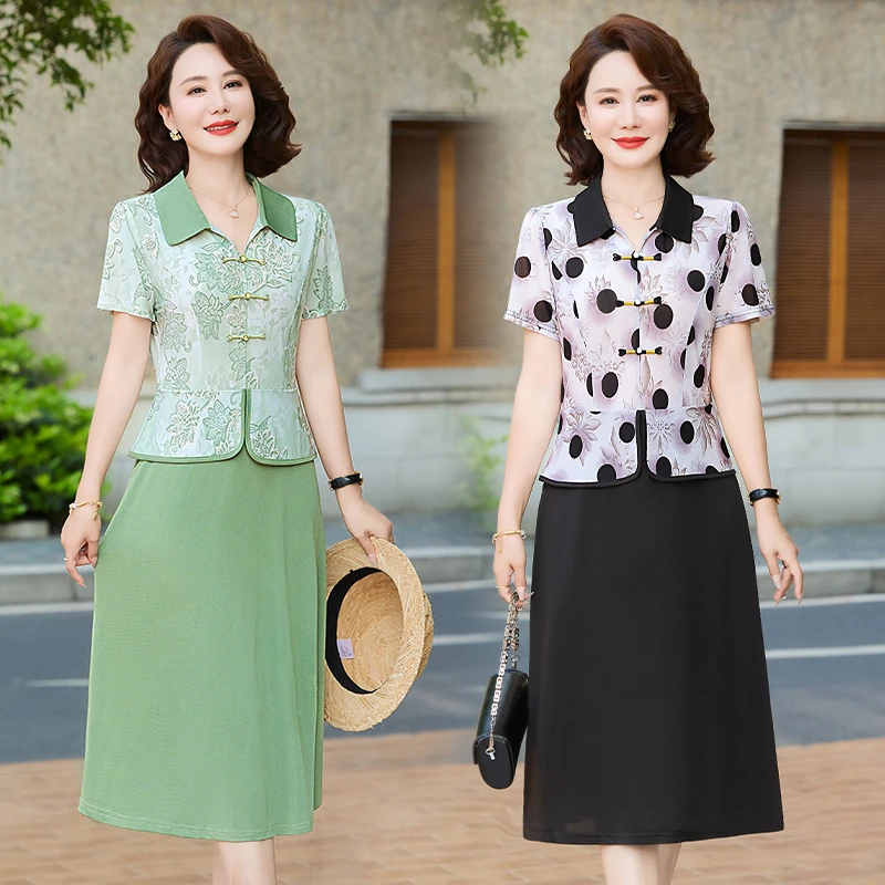 夏季新款女冰雪丝弹力缎翻领波点假两件连衣裙妈妈装宽松显瘦裙子