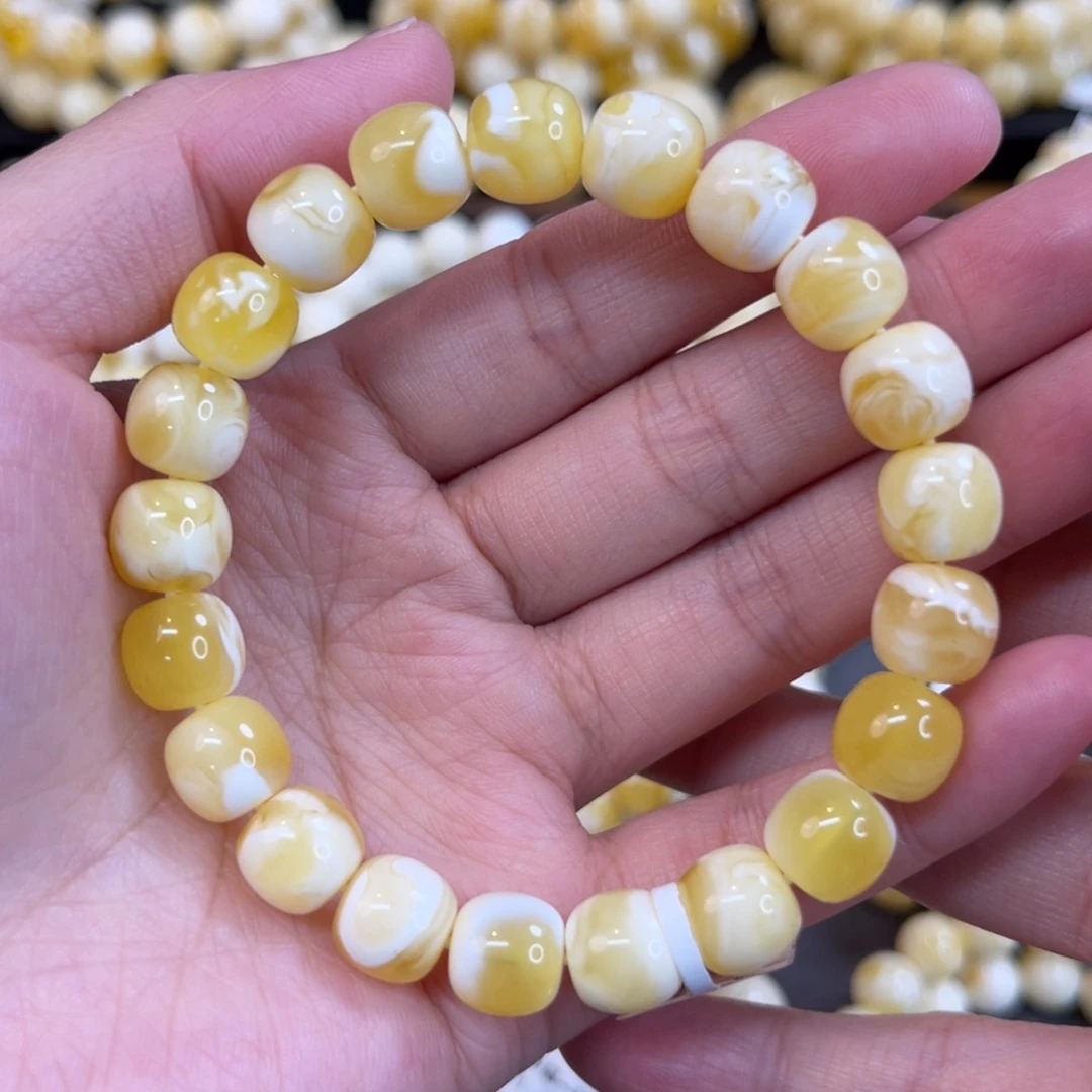 蜜蜡未镶嵌手链9.5mm金瓷白妖花