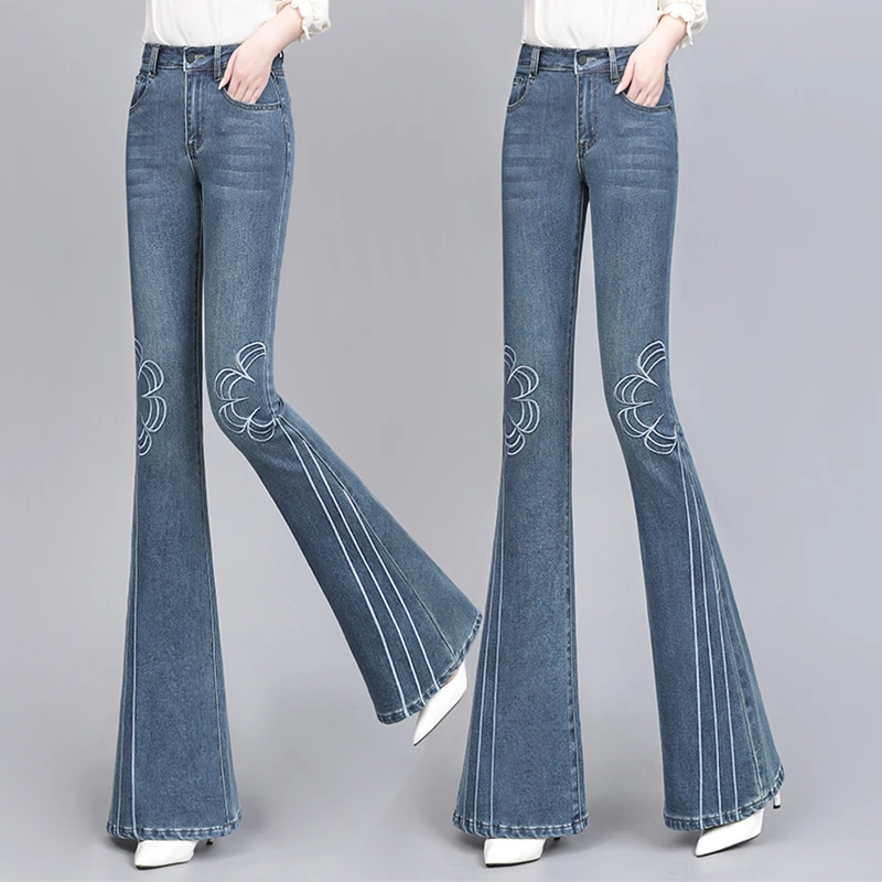 国潮风国风刺绣喇叭裤喇叭显瘦弹力新款牛仔裤高腰春秋长裤