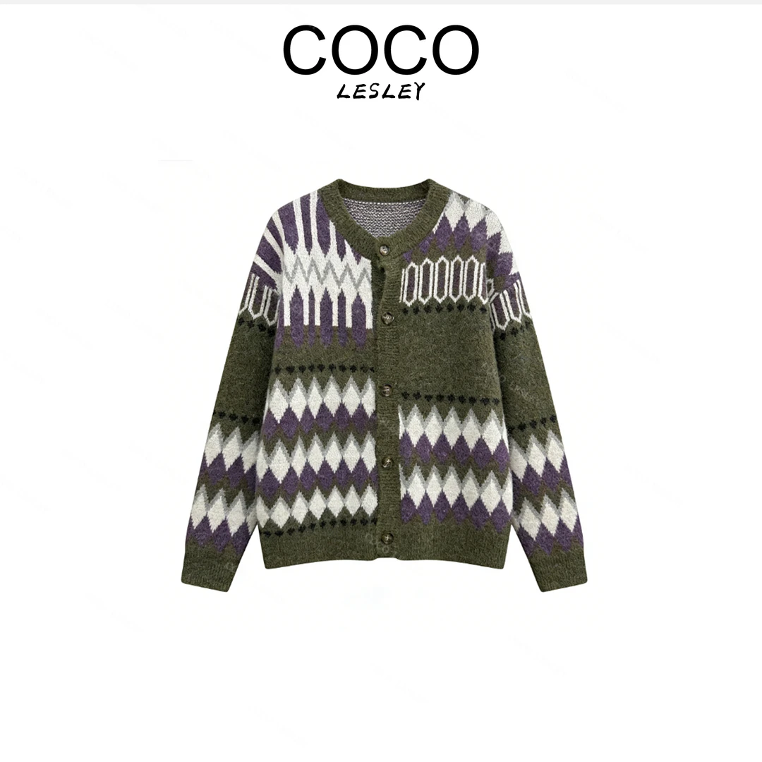 【COCO LESLEY】圆领毛针织衫秋冬菱格开衫提花宽松上衣  F1488