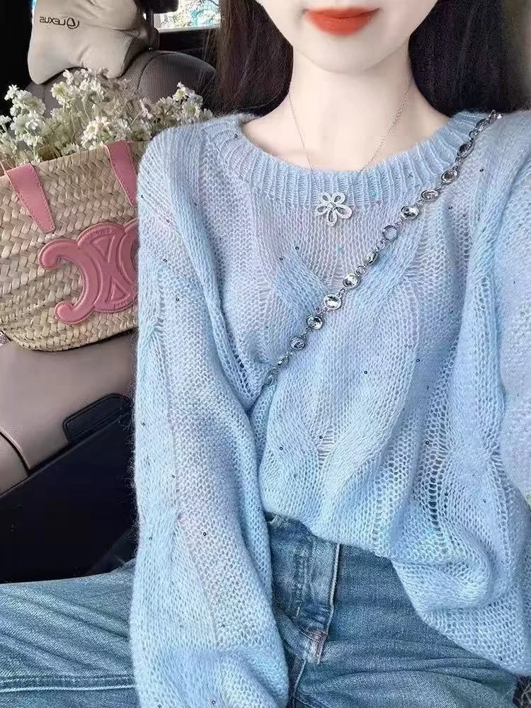 美拉蓝镂空长袖马海毛毛衣针织女2025新款开春季冷淡系高级感上衣