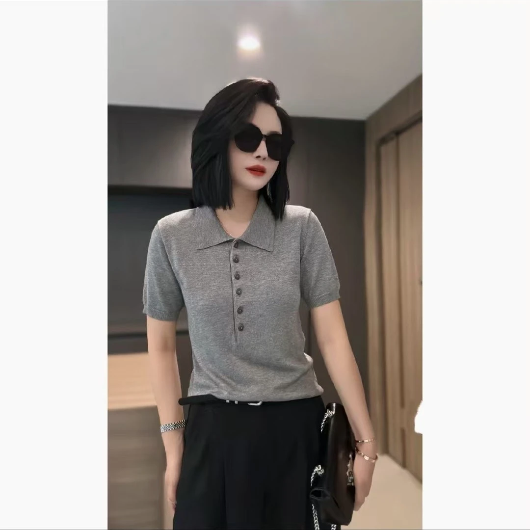 纯羊绒精纺针织半开女中袖女衫