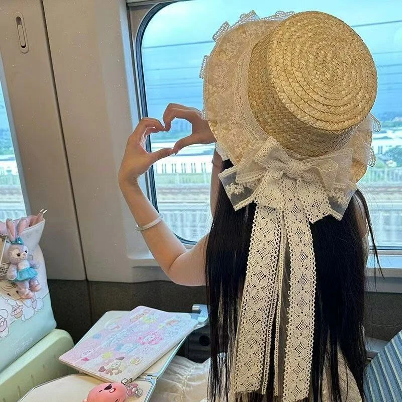 草帽lolita森系田园lo娘甜妹蕾丝蝴蝶结飘带拍照遮阳草编日系帽子
