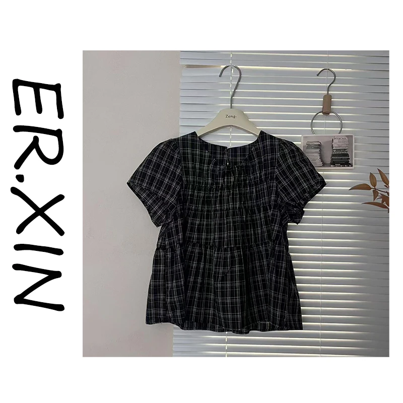 ER.XIN-‘’收腰格纹‘’夏季收腰格纹短袖小衫 藏肉显瘦