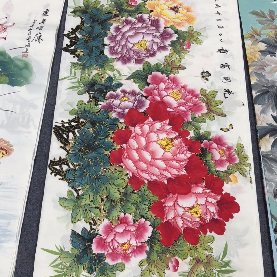 国画140×70千层金线牡丹手绘画画画