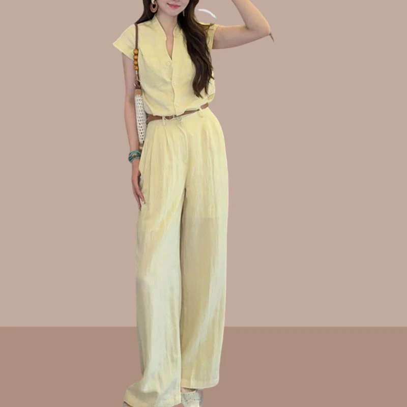 2025夏季时尚新款法式复古百搭V领短袖上衣气质高腰显瘦阔腿长裤